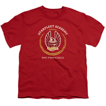 Red youth t-shirt for ages 8 to 12 with Star Trek The Original Series Academy Heraldry graphic