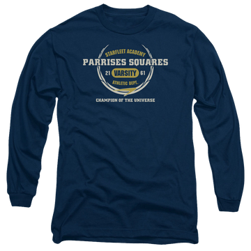 Navy men's long sleeve t-shirt with Star Trek Parrises Squares graphic