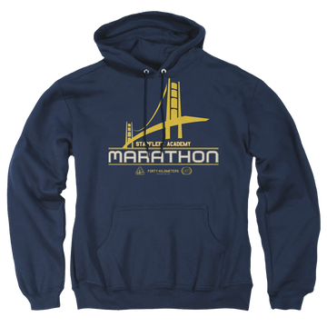 Navy pullover hoodie with Star Trek Marathon Logo graphic