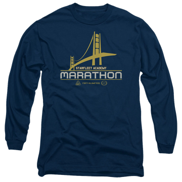 Navy men's long sleeve t-shirt with Star Trek Marathon Logo graphic
