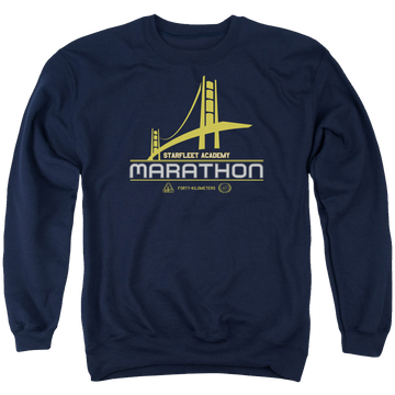 Navy men's crewneck sweatshirt with Star Trek Marathon Logo graphic