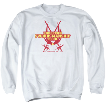 White men's crewneck sweatshirt with Star Trek Swordsmanship Club graphic