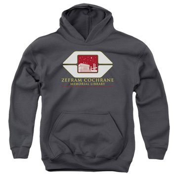 Charcoal youth hoodie for ages 8 to 12 with Star Trek The Original Series Cochrane Library graphic