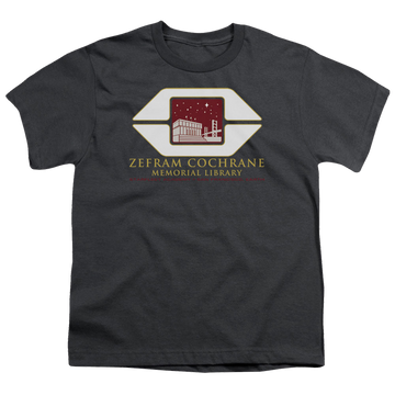 Charcoal youth t-shirt for ages 8 to 12 with Star Trek The Original Series Cochrane Library graphic