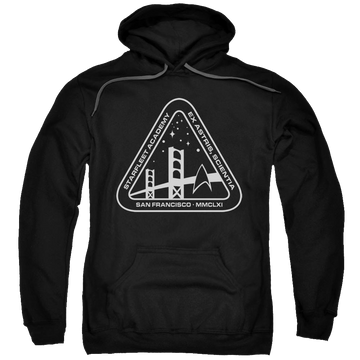 Black pullover hoodie with Star Trek White Academy Logo graphic