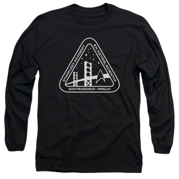 Black men's long sleeve t-shirt with Star Trek White Academy Logo graphic