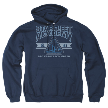 Navy pullover hoodie with Star Trek Starfleet Academy Earth graphic