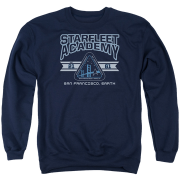 Navy men's crewneck sweatshirt with Star Trek Starfleet Academy Earth graphic