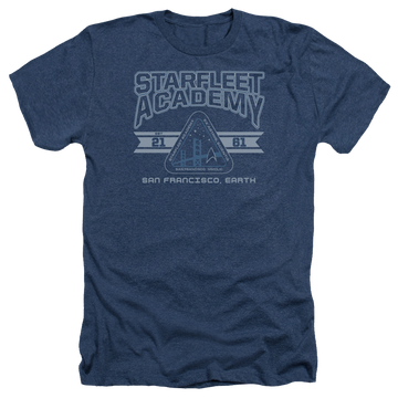 Navy men's heather t-shirt with Star Trek Starfleet Academy Earth graphic