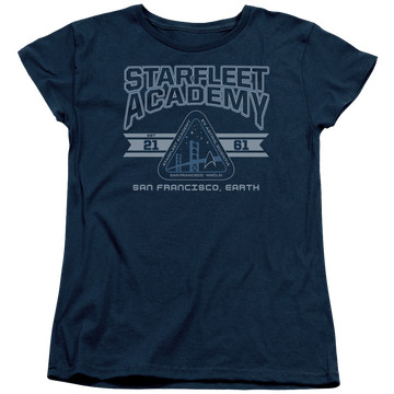Navy women's t-shirt with Star Trek Starfleet Academy Earth graphic
