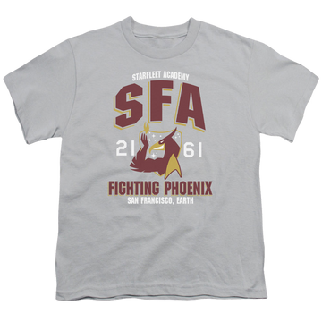 Silver youth t-shirt for ages 8 to 12 with Star Trek The Original Series Sfa Fighting Phoenix graphic