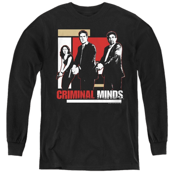 Black youth long sleeve t-shirt with Criminal Minds Guns Drawn graphic
