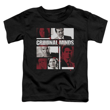 Black toddler t-shirt with Criminal Minds Character Boxes graphic