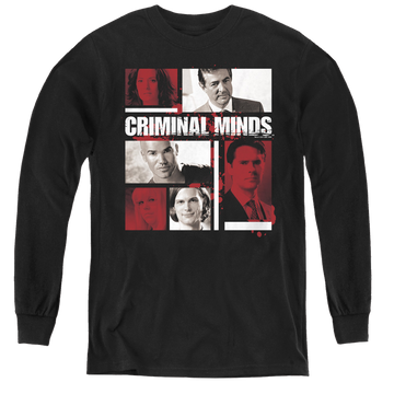 Black youth long sleeve t-shirt with Criminal Minds Character Boxes graphic