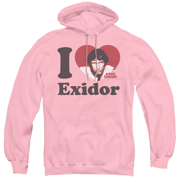 Pink pullover hoodie with Mork & Mindy I Heart Exidor graphic