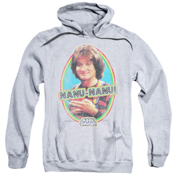 Athletic heather pullover hoodie with Mork & Mindy Nanu graphic