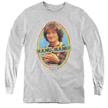 Athletic heather youth long sleeve t-shirt with Mork & Mindy Nanu graphic