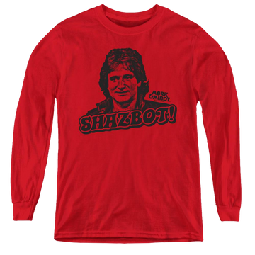 Red youth long sleeve t-shirt with Mork & Mindy Shazbot graphic