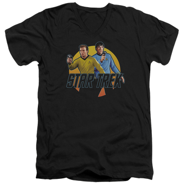 Black men's v-neck t-shirt with Star Trek Phasers Ready graphic