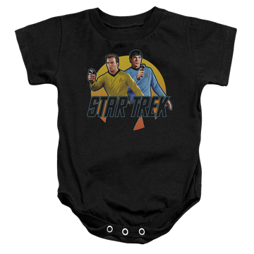 Black baby bodysuit with Star Trek Phasers Ready graphic
