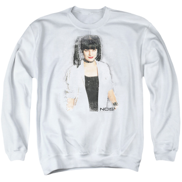 White men's crewneck sweatshirt with NCIS Abby Skulls graphic