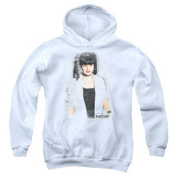 White youth hoodie for ages 8 to 12 with NCIS Abby Skulls graphic