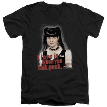 Black men's v-neck t-shirt with NCIS Geek Talk graphic