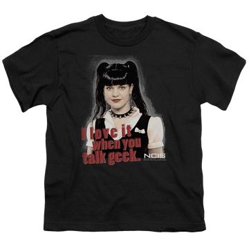 Black youth t-shirt for ages 8 to 12 with NCIS Geek Talk graphic
