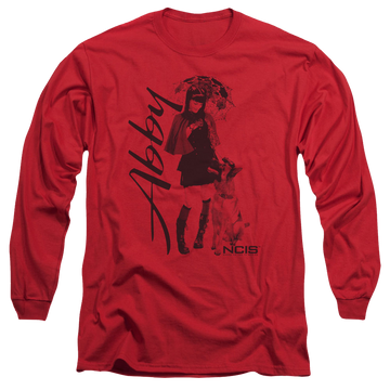 Red men's long sleeve t-shirt with NCIS Sunny Day graphic