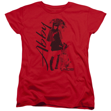 Red women's t-shirt with NCIS Sunny Day graphic