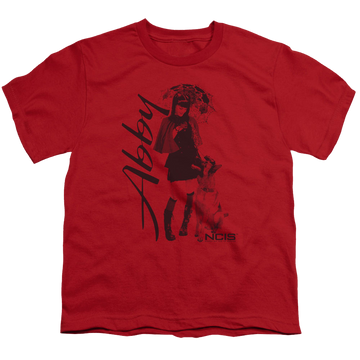 Red youth t-shirt for ages 8 to 12 with NCIS Sunny Day graphic