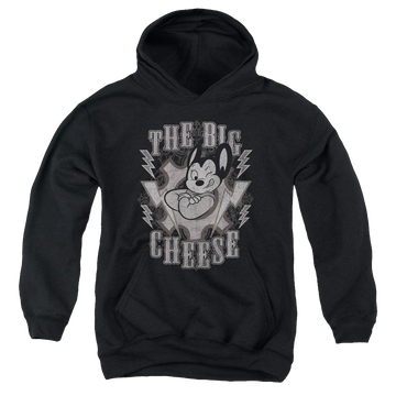 Black youth hoodie for ages 8 to 12 with Mighty Mouse The Big Cheese graphic