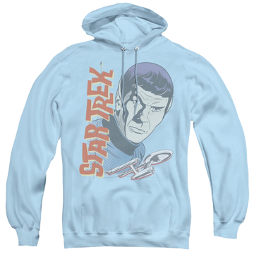 Light blue pullover hoodie with Star Trek The Original Series Vintage Spock graphic