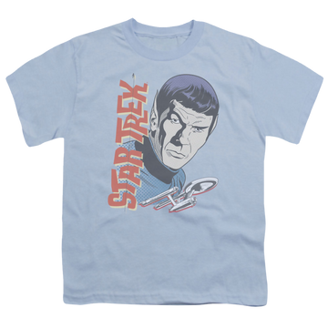 Light blue youth t-shirt for ages 8 to 12 with Star Trek The Original Series Vintage Spock graphic