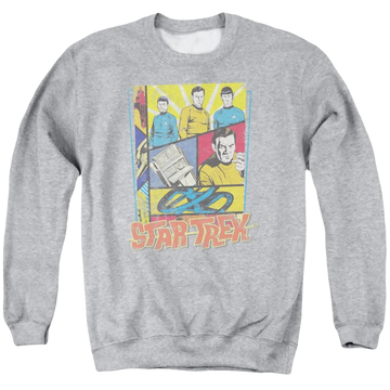 Athletic heather men's crewneck sweatshirt with Star Trek Vintage Collage graphic
