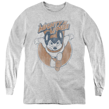 Athletic heather youth long sleeve t-shirt with Mighty Mouse Flying With Purpose graphic