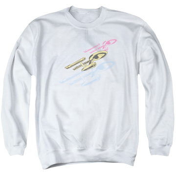 White men's crewneck sweatshirt with Star Trek Retro Tri Enterprise graphic