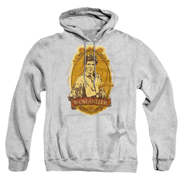 Athletic heather pullover hoodie with Cheers Womanizer graphic