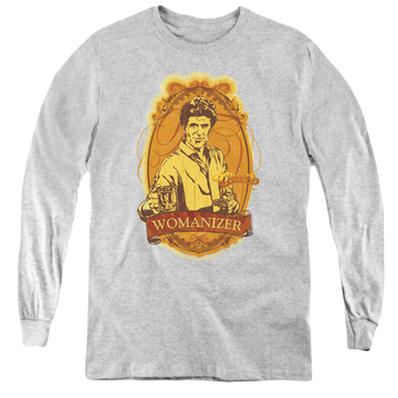 Athletic heather youth long sleeve t-shirt with Cheers Womanizer graphic