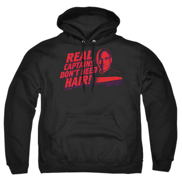 Black pullover hoodie with Star Trek Real Captain graphic