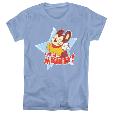 Carolina blue women's t-shirt with Mighty Mouse Youre Mighty graphic