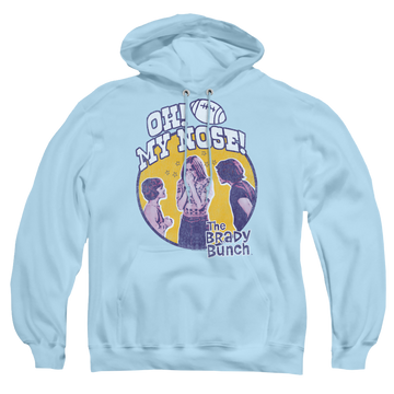 Light blue pullover hoodie with Brady Bunch My Nose graphic
