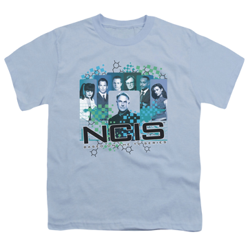 Light blue youth t-shirt for ages 8 to 12 with NCIS Cast graphic