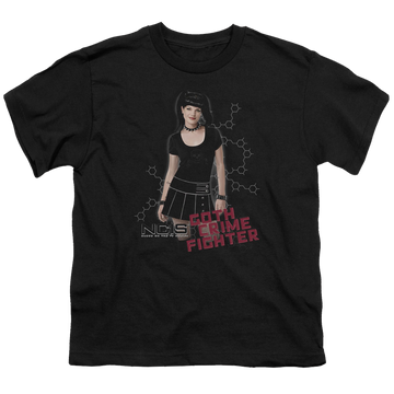 Black youth t-shirt for ages 8 to 12 with NCIS Goth Crime Fighter graphic