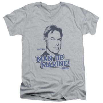 Athletic heather men's v-neck t-shirt with NCIS Man Up graphic
