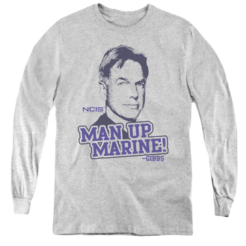 Athletic heather youth long sleeve t-shirt with NCIS Man Up graphic