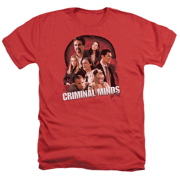 Red men's heather t-shirt with Criminal Minds Brain Trust graphic