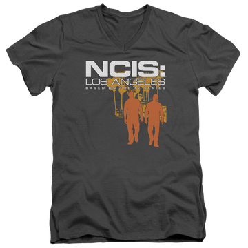 Charcoal men's v-neck t-shirt with NCIS Los Angeles Slow Walk graphic