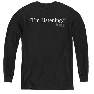 Black youth long sleeve t-shirt with Frasier Im Listening graphic
