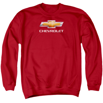 Red men's crewneck sweatshirt with Chevrolet Chevy Bowtie Stacked graphic